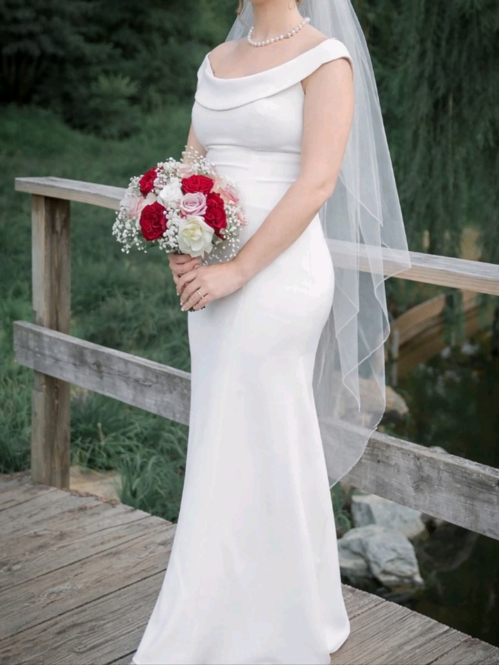 David's Bridal White Off-the-Shoulder Satin Wedding Gown With Train